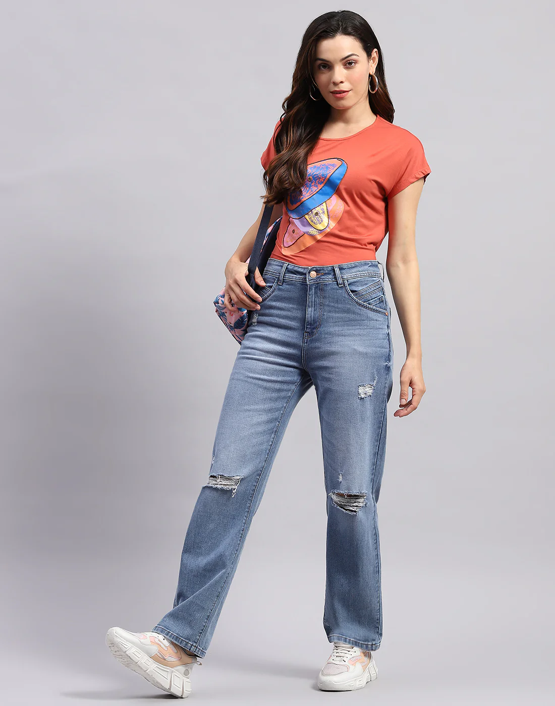 Women Orange Printed Round Neck Half Sleeve Top - Image 2