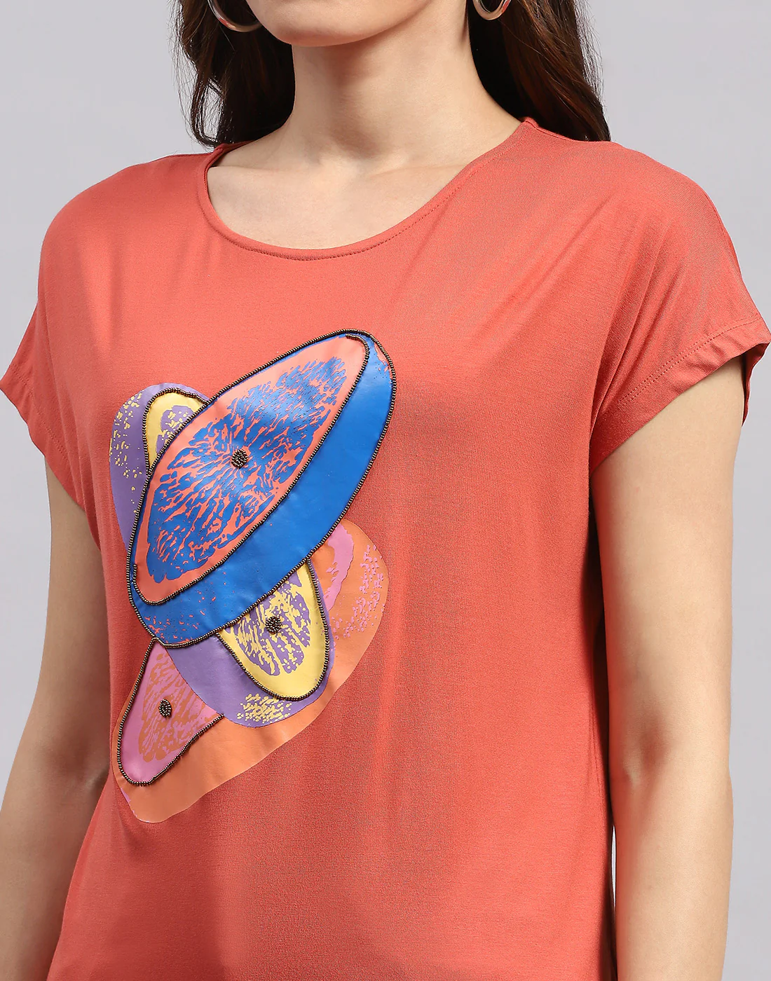 Women Orange Printed Round Neck Half Sleeve Top - Image 7