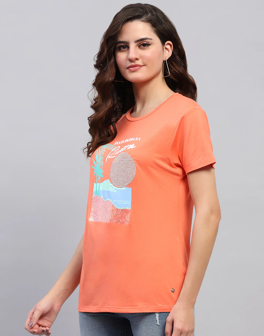 Women Orange Printed Round Neck Half Sleeve Top - Image 3