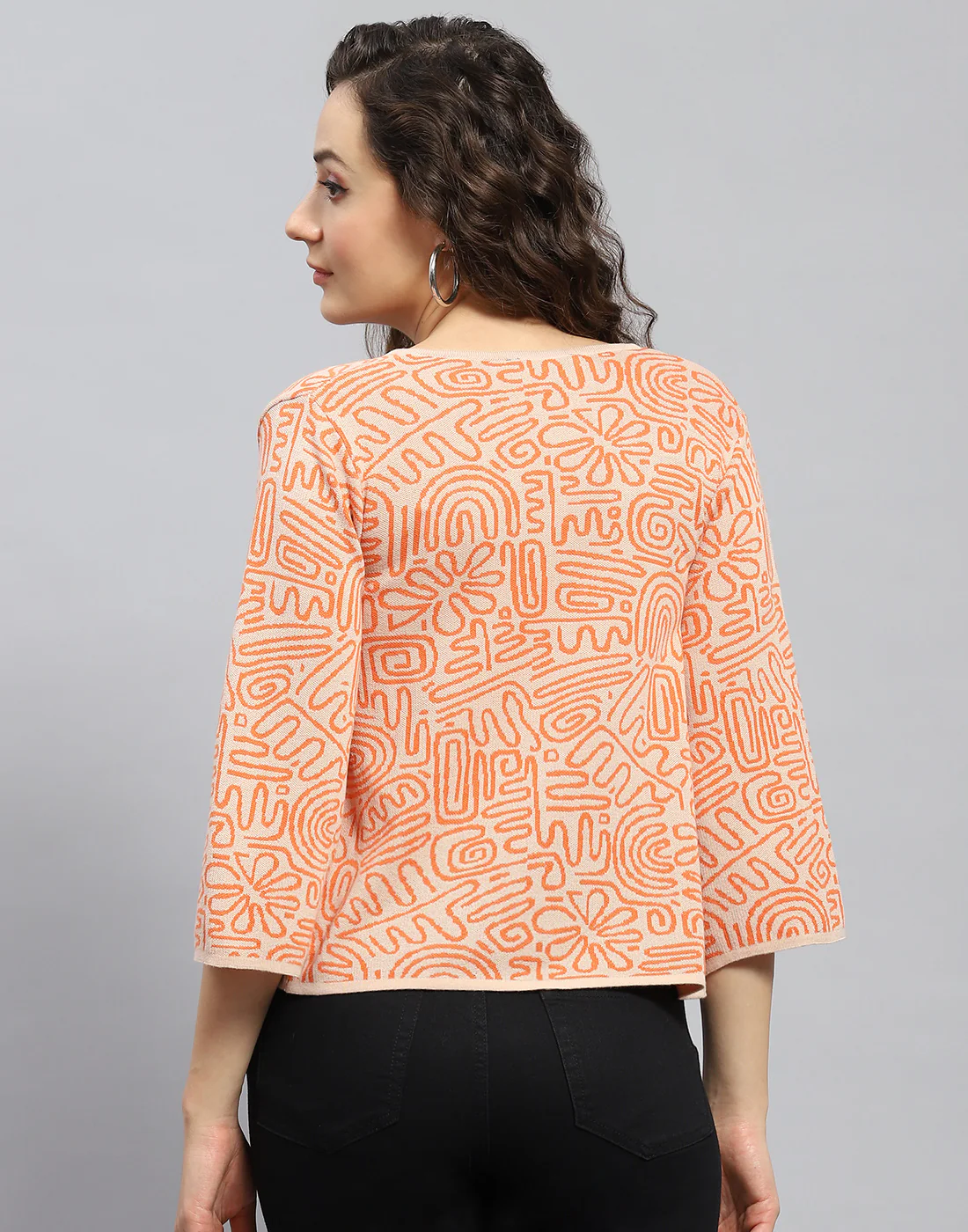 Women Orange Printed V Neck 3/4 Sleeve Shrug - Image 5