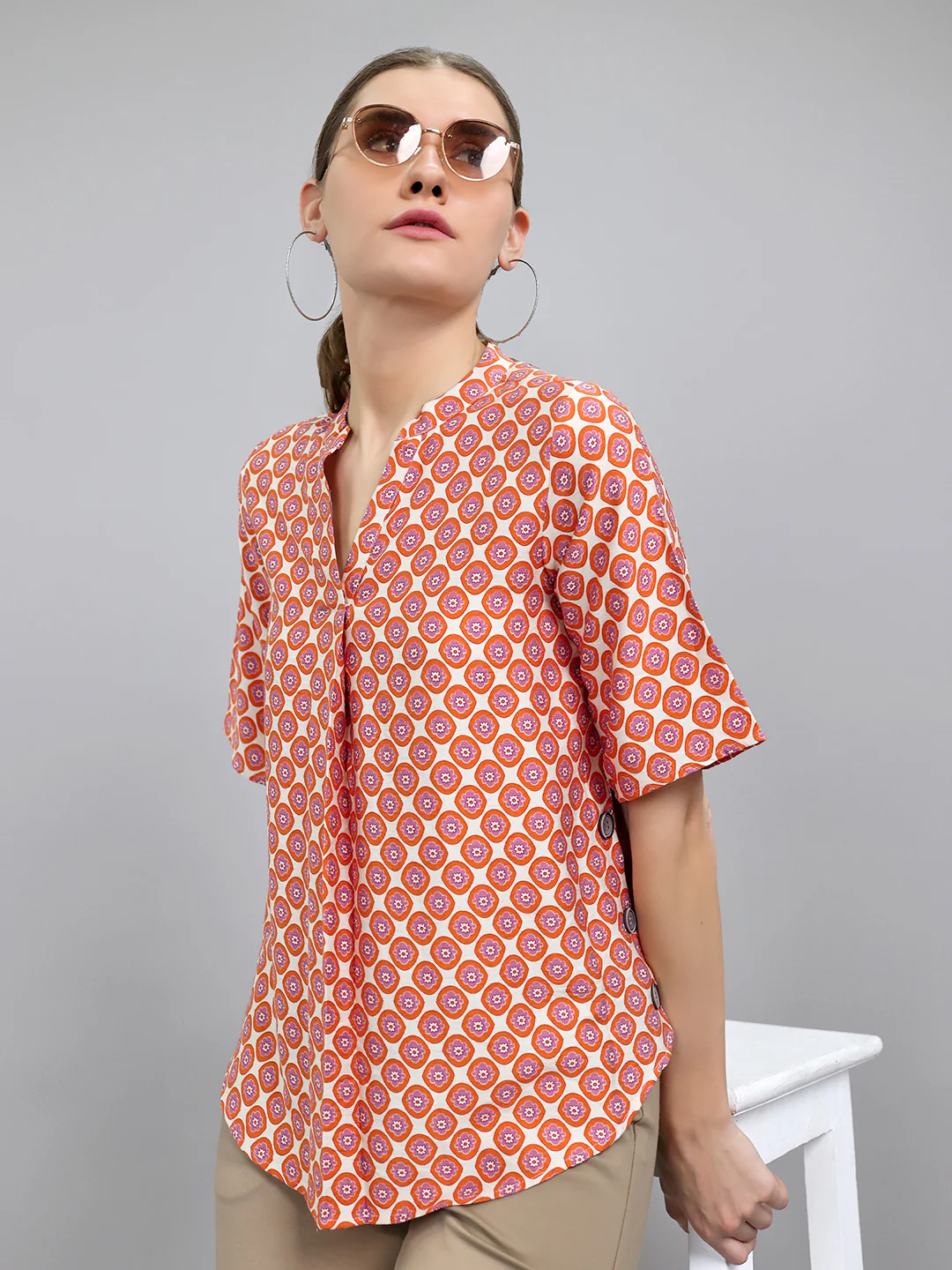 Women Orange Printed V Neck 3/4th Sleeve Top - Image 7