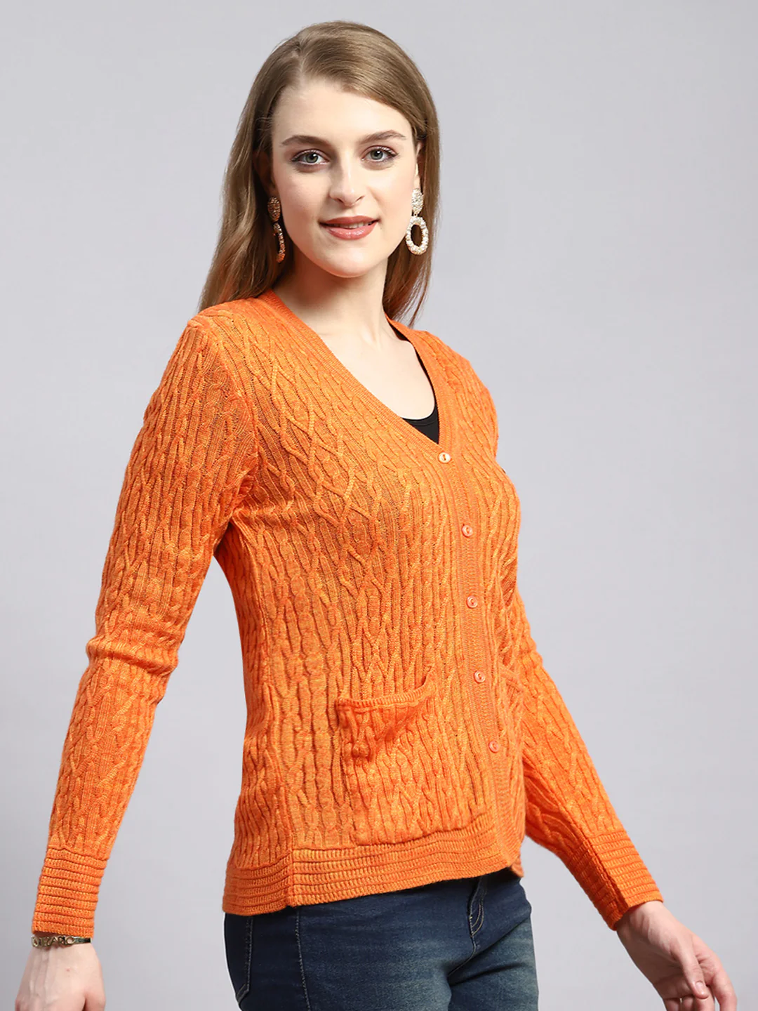Women Orange Self Cardigan - Image 2