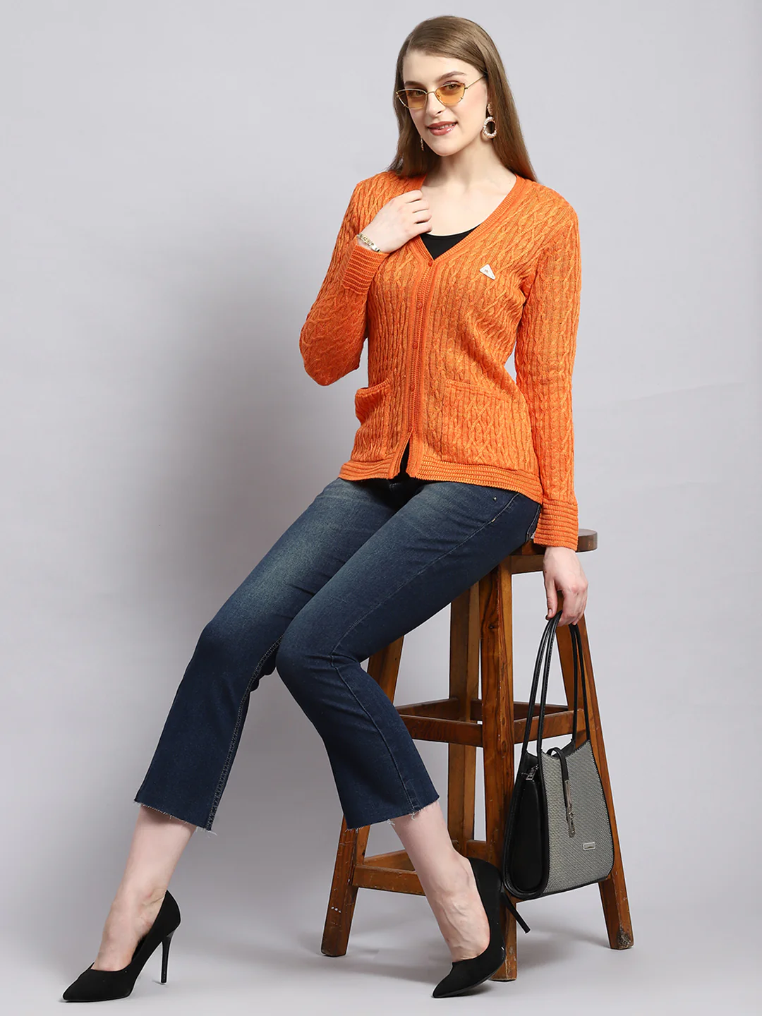 Women Orange Self Cardigan - Image 5