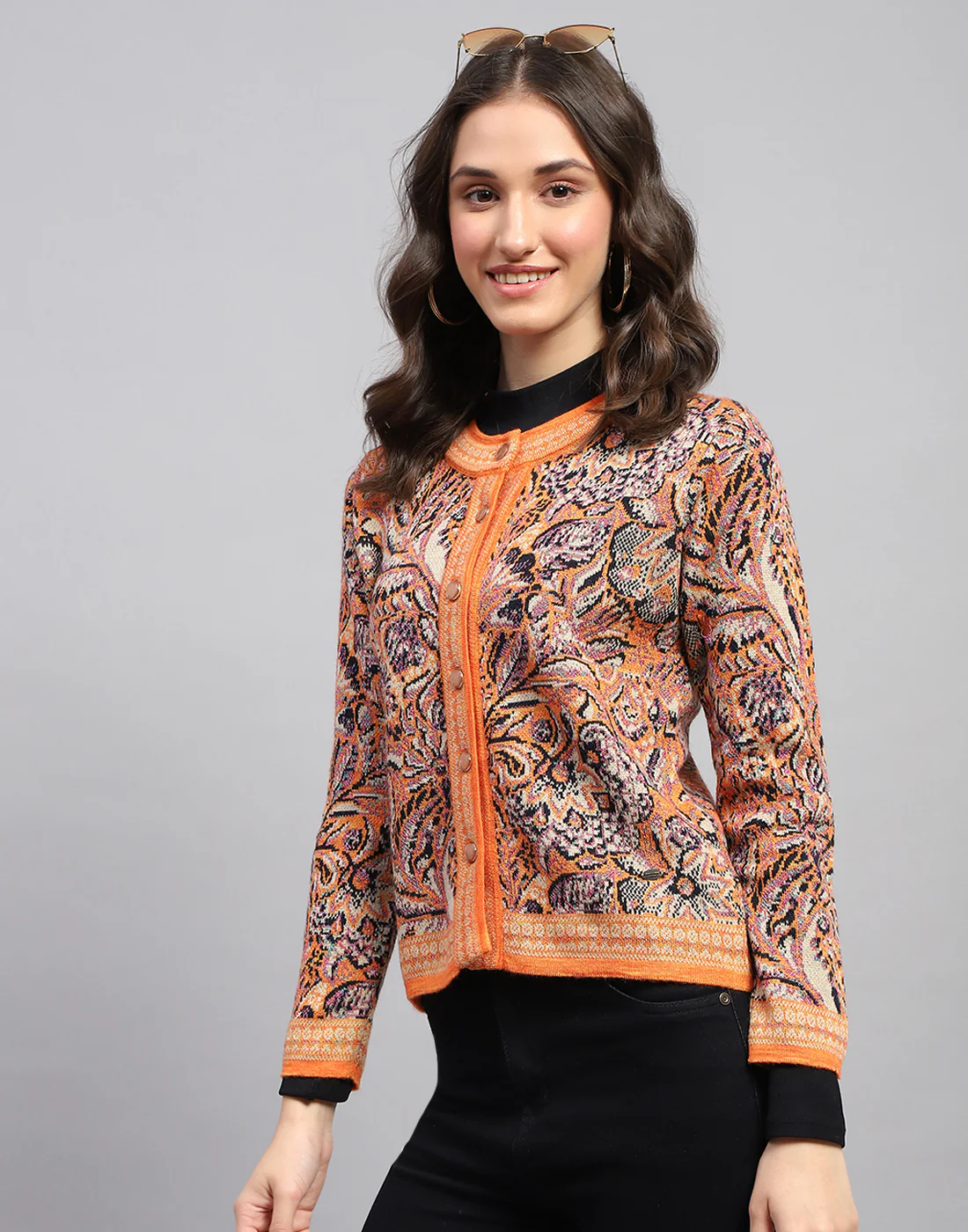 Women Orange Self Design Round Neck Full Sleeve Cardigan - Image 4