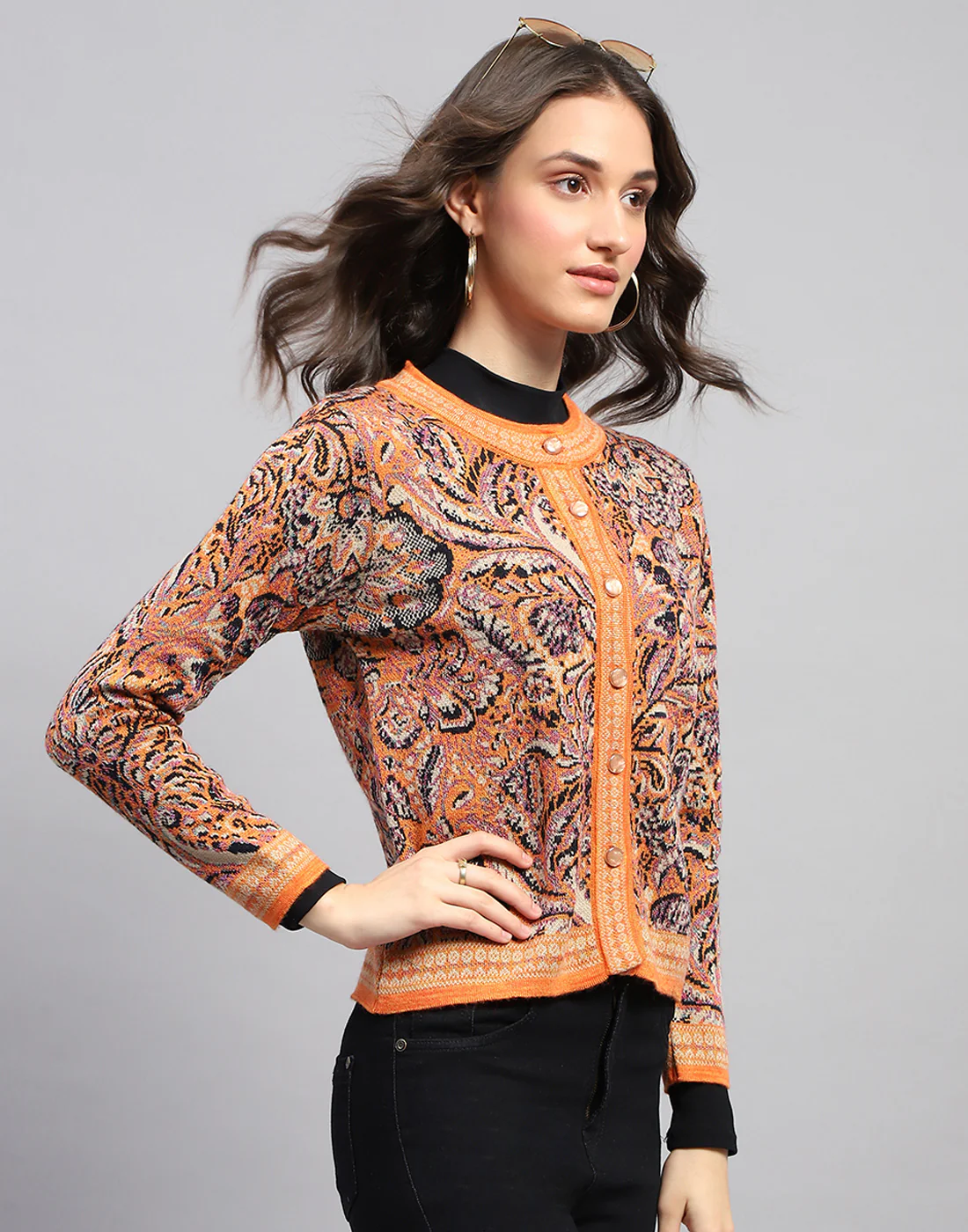 Women Orange Self Design Round Neck Full Sleeve Cardigan - Image 5