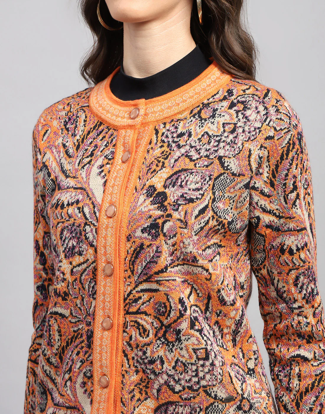 Women Orange Self Design Round Neck Full Sleeve Cardigan - Image 7
