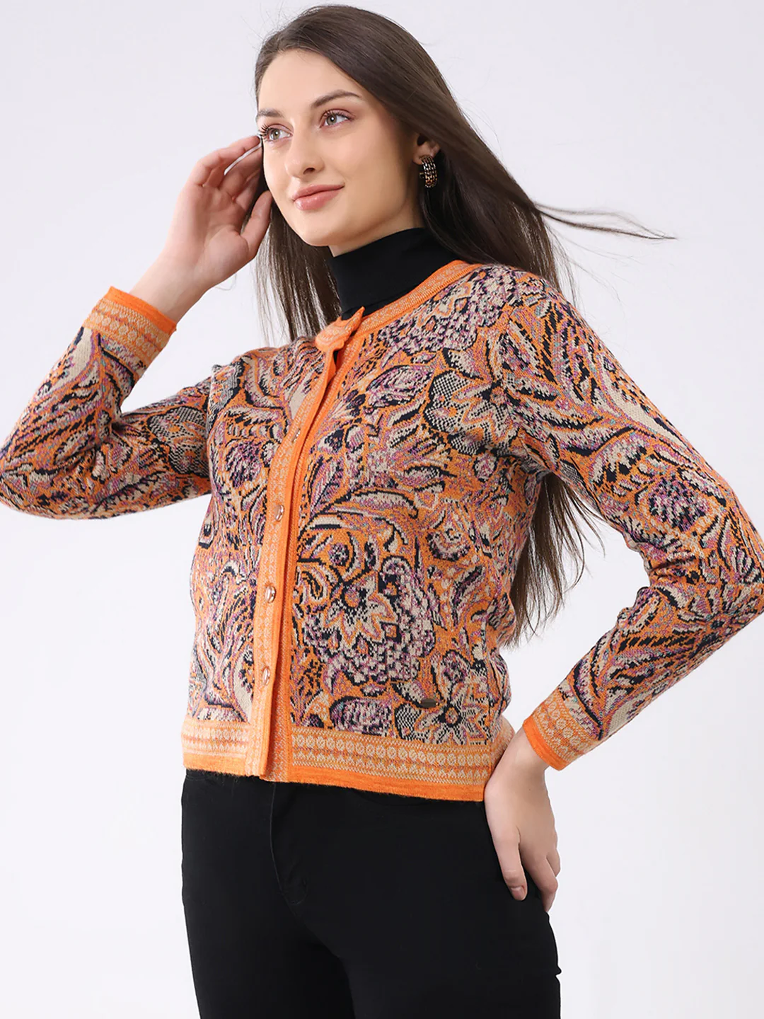 Women Orange Self Design Round Neck Full Sleeve Cardigan - Image 3