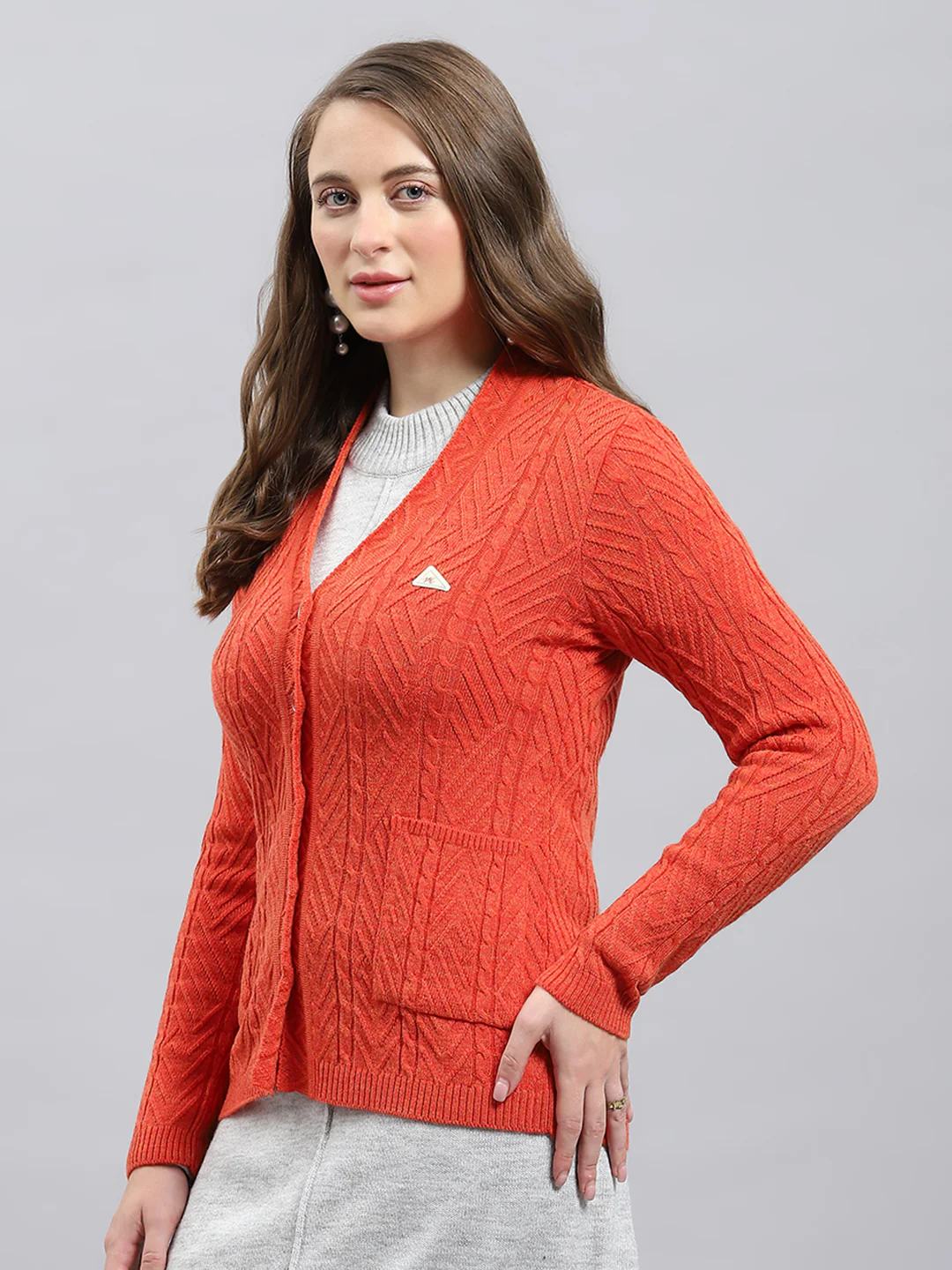 Women Orange Self Design V Neck Full Sleeve Cardigan - Image 3