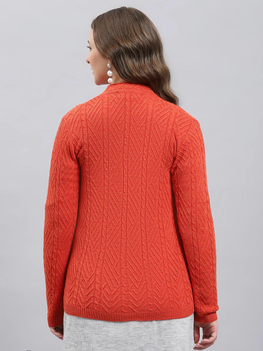 Women Orange Self Design V Neck Full Sleeve Cardigan - Image 5