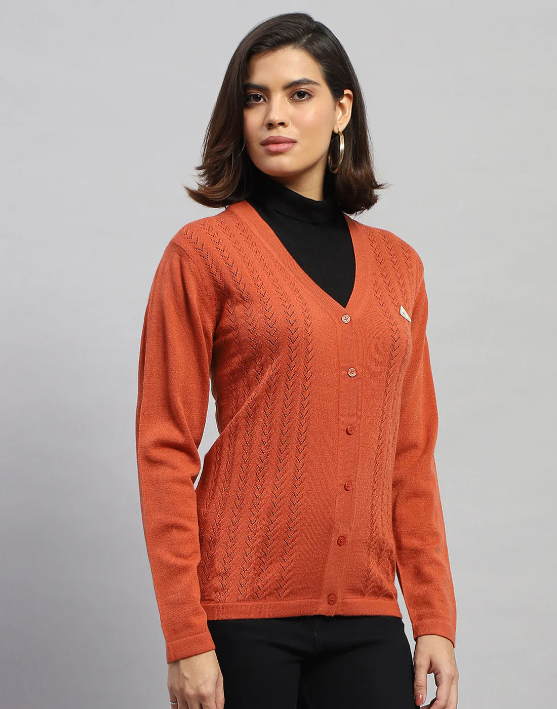 Women Orange Self Design V Neck Full Sleeve Cardigan - Image 4