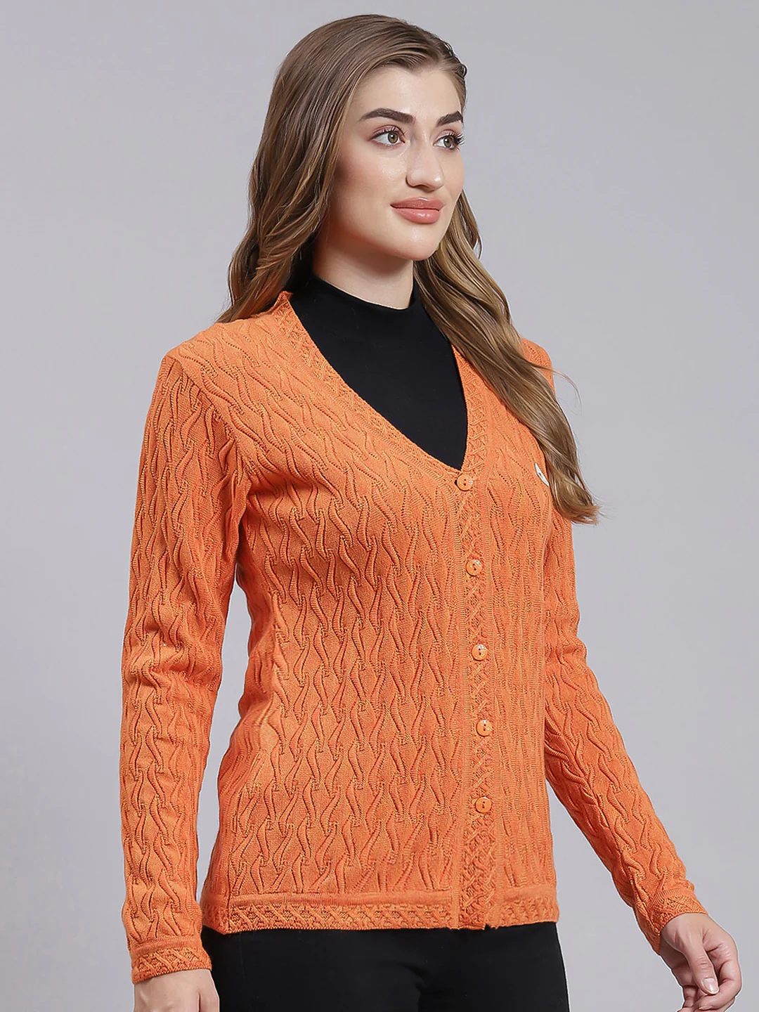 Women Orange Self Design Wool blend Cardigan - Image 2