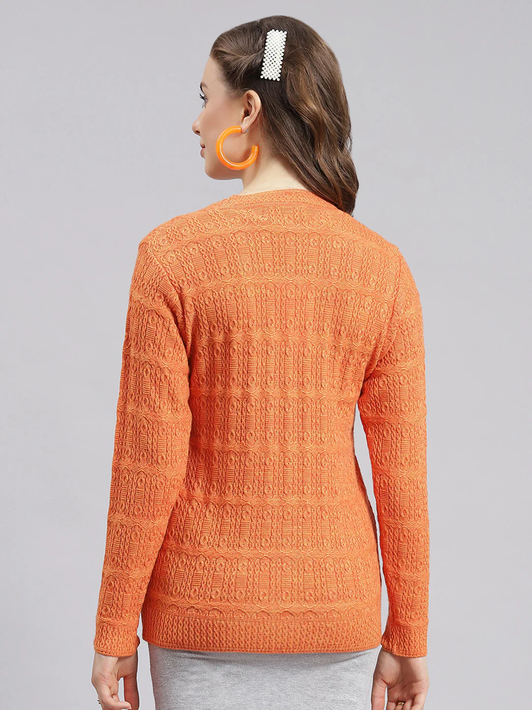 Women Orange Self Design Wool blend Cardigan - Image 4