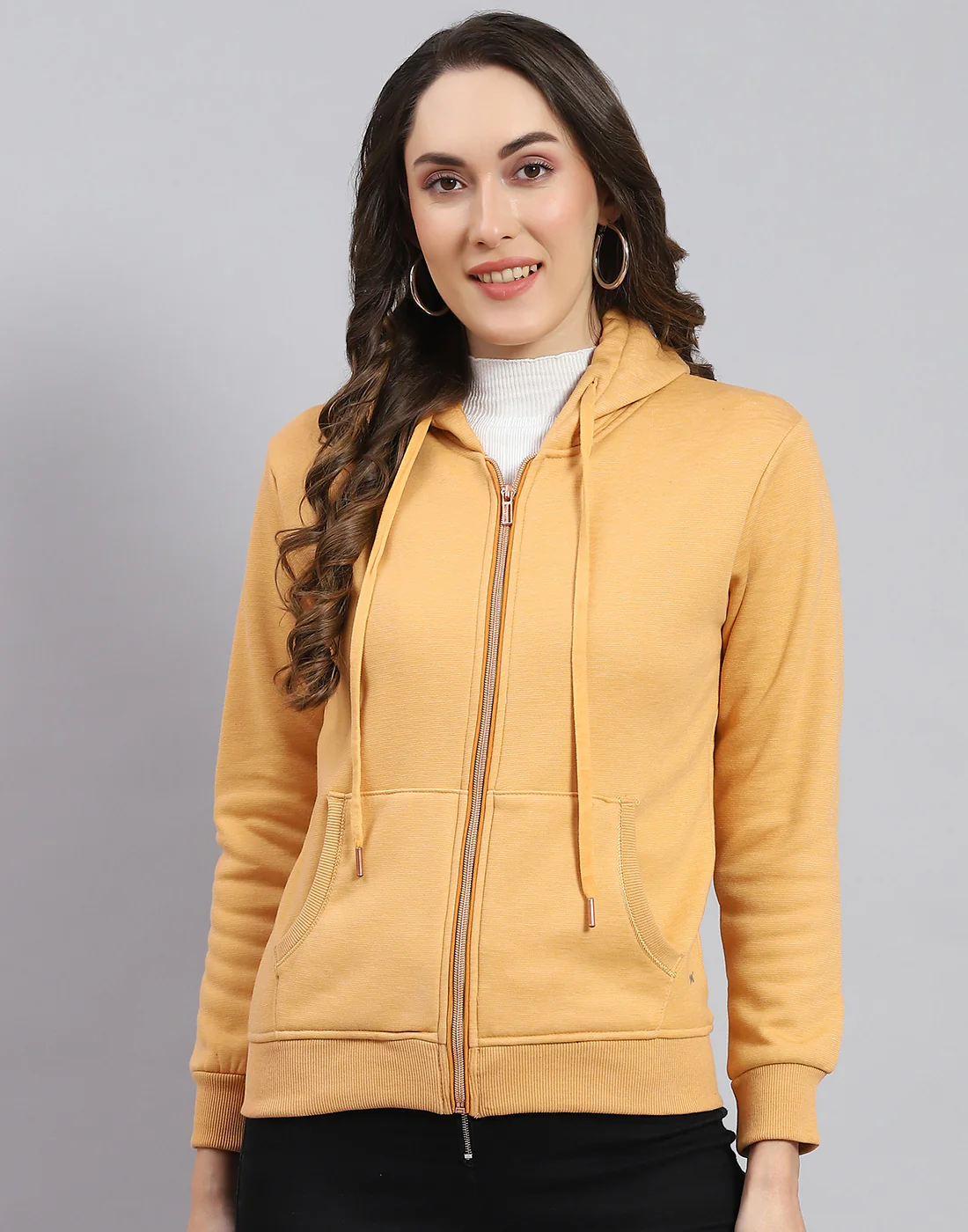 Women Orange Solid Hooded Full Sleeve Sweatshirt - Image 2
