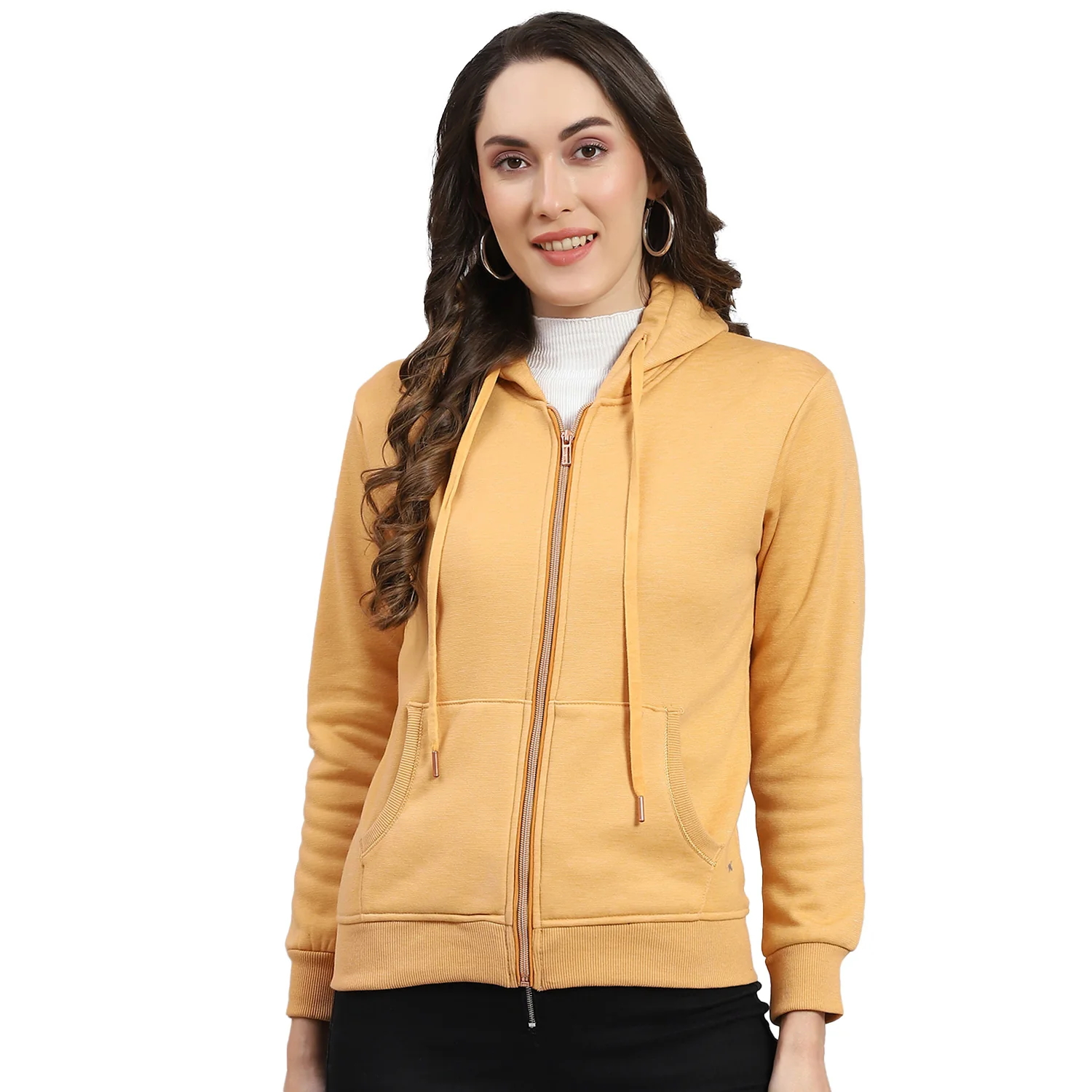 Women Orange Solid Hooded Full Sleeve Sweatshirt - Image 5