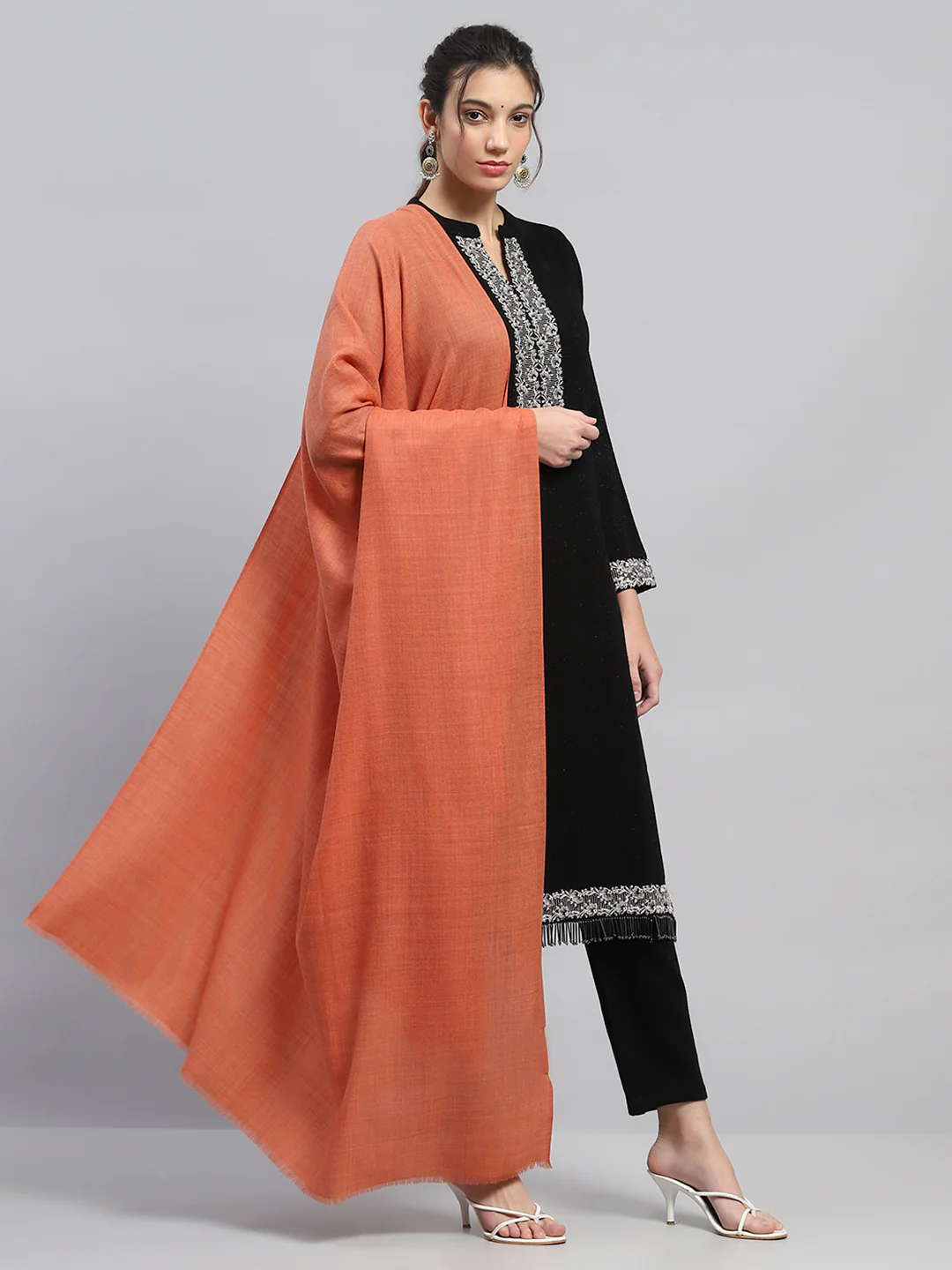 Women Orange Solid Reversible Shawl - Image 4