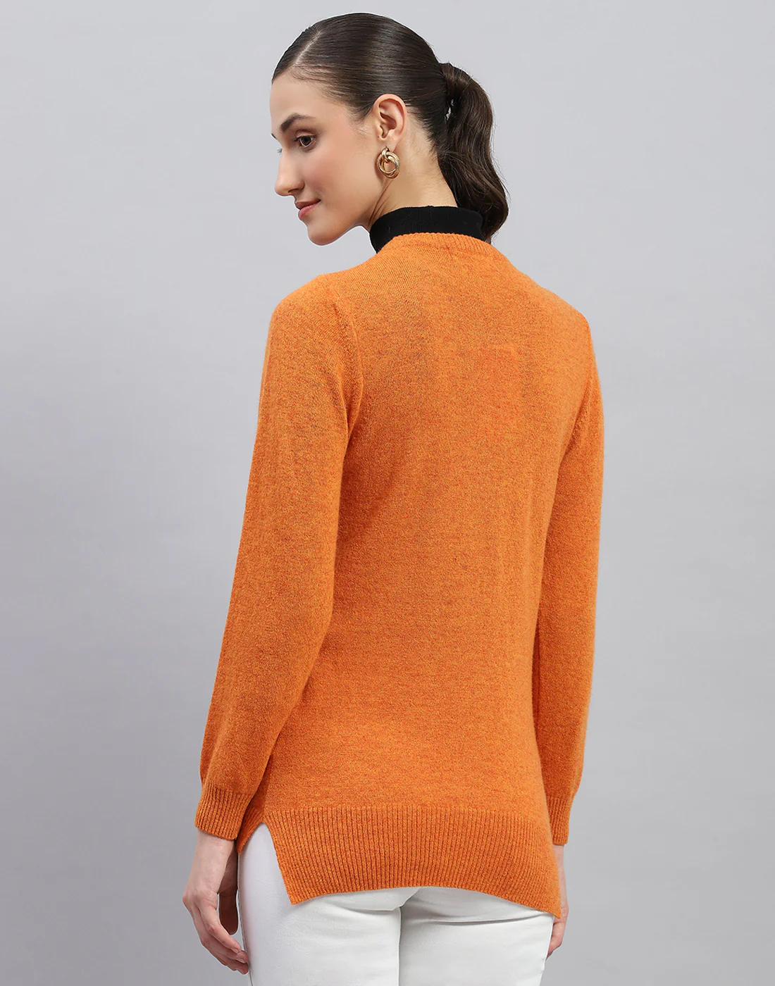Women Orange Solid Round Neck Full Sleeve Cardigan - Image 5