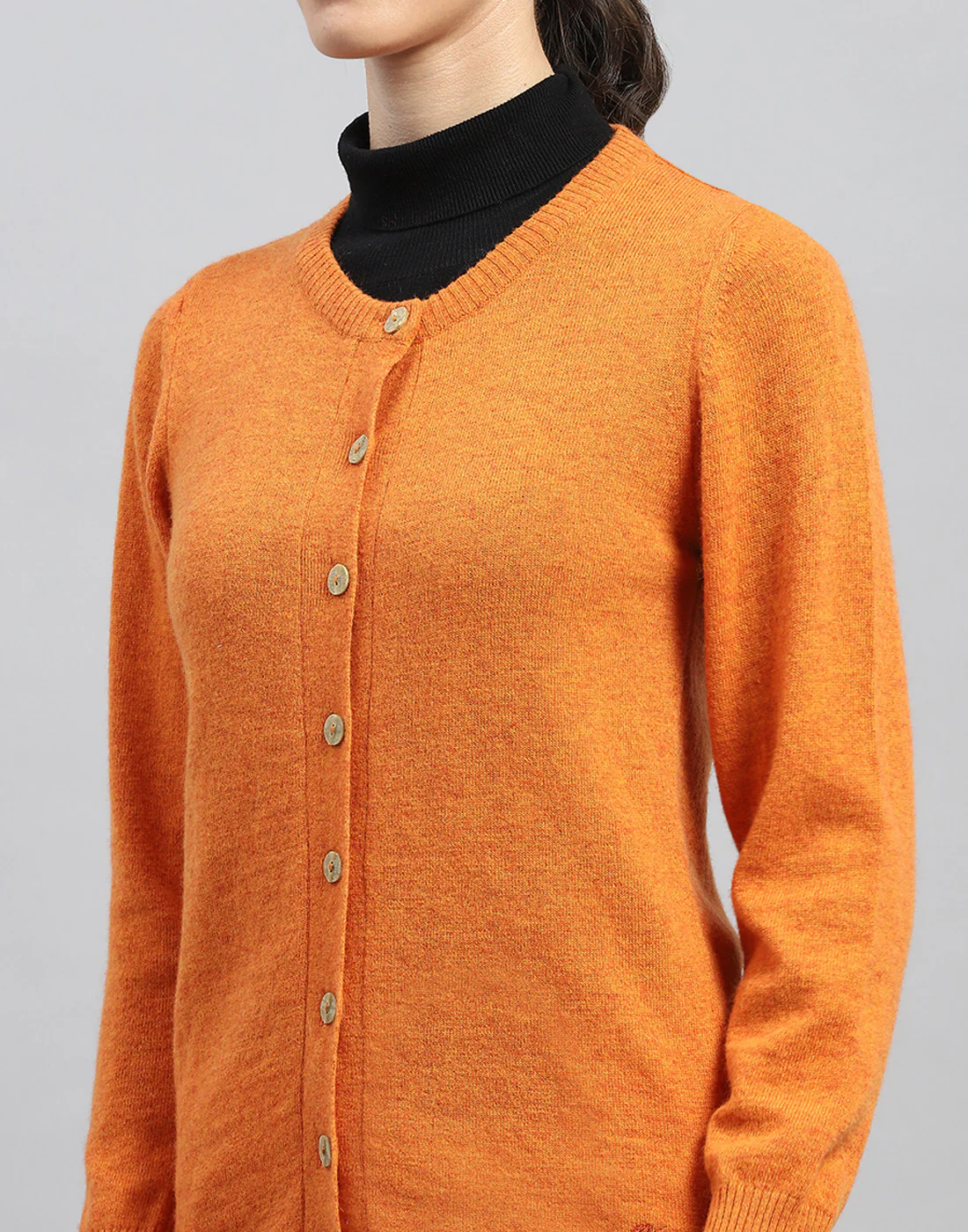 Women Orange Solid Round Neck Full Sleeve Cardigan - Image 6