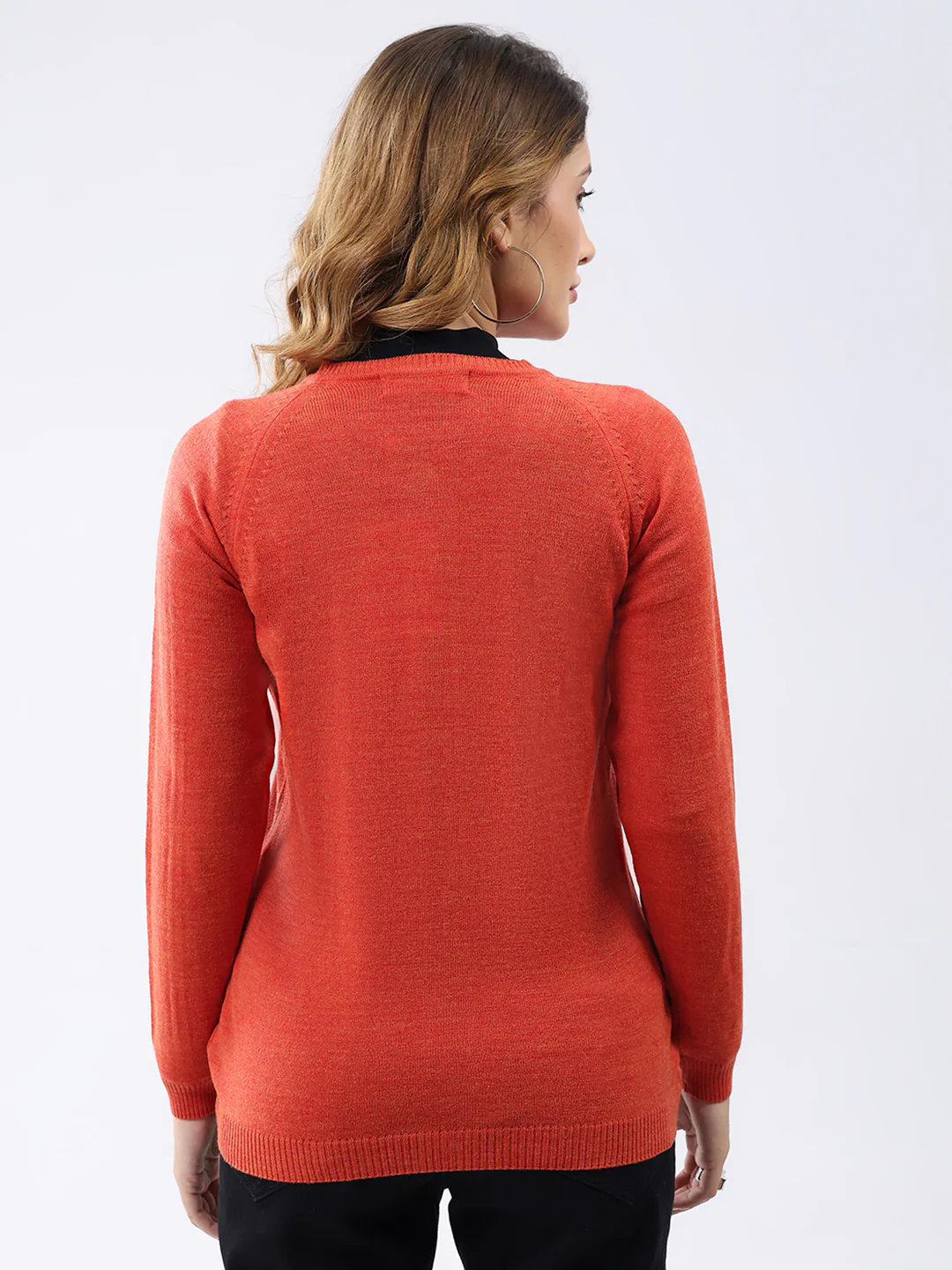 Women Orange Solid Round Neck Full Sleeve Cardigan - Image 5
