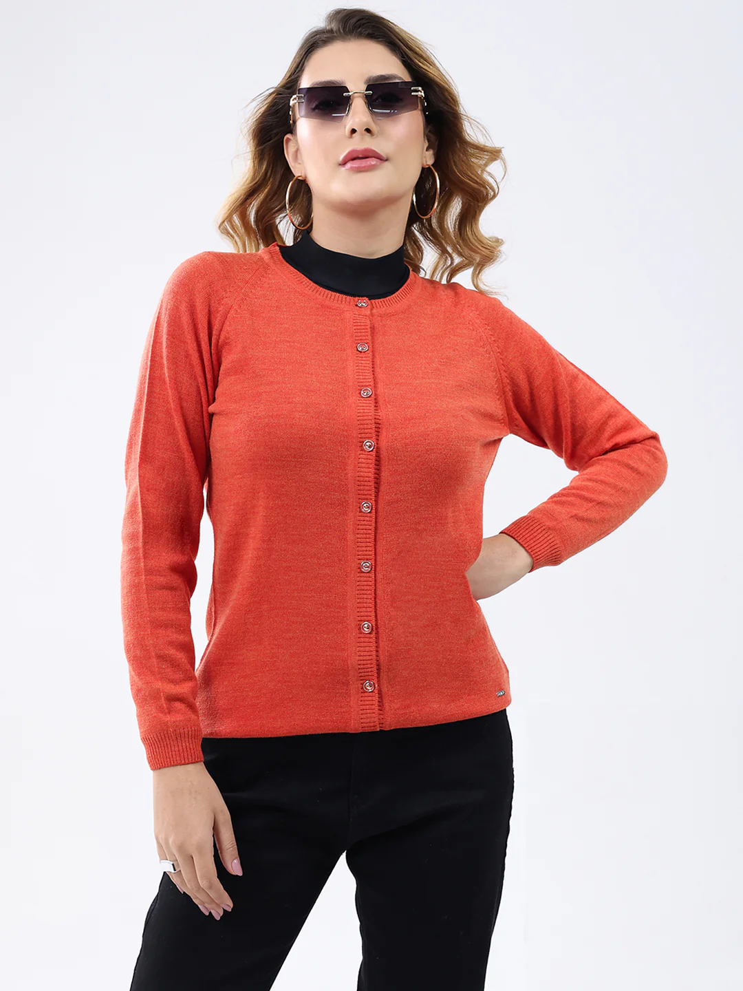 Women Orange Solid Round Neck Full Sleeve Cardigan - Image 6