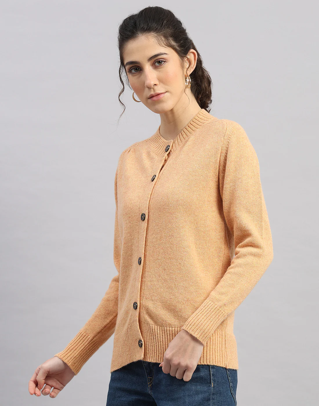 Women Orange Solid Round Neck Full Sleeve Cardigan - Image 2