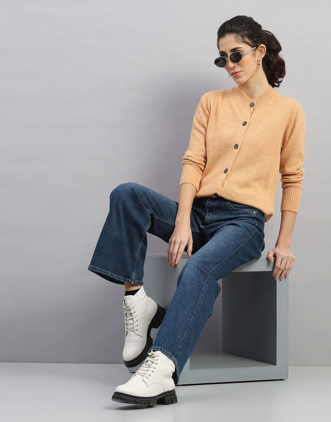 Women Orange Solid Round Neck Full Sleeve Cardigan - Image 5