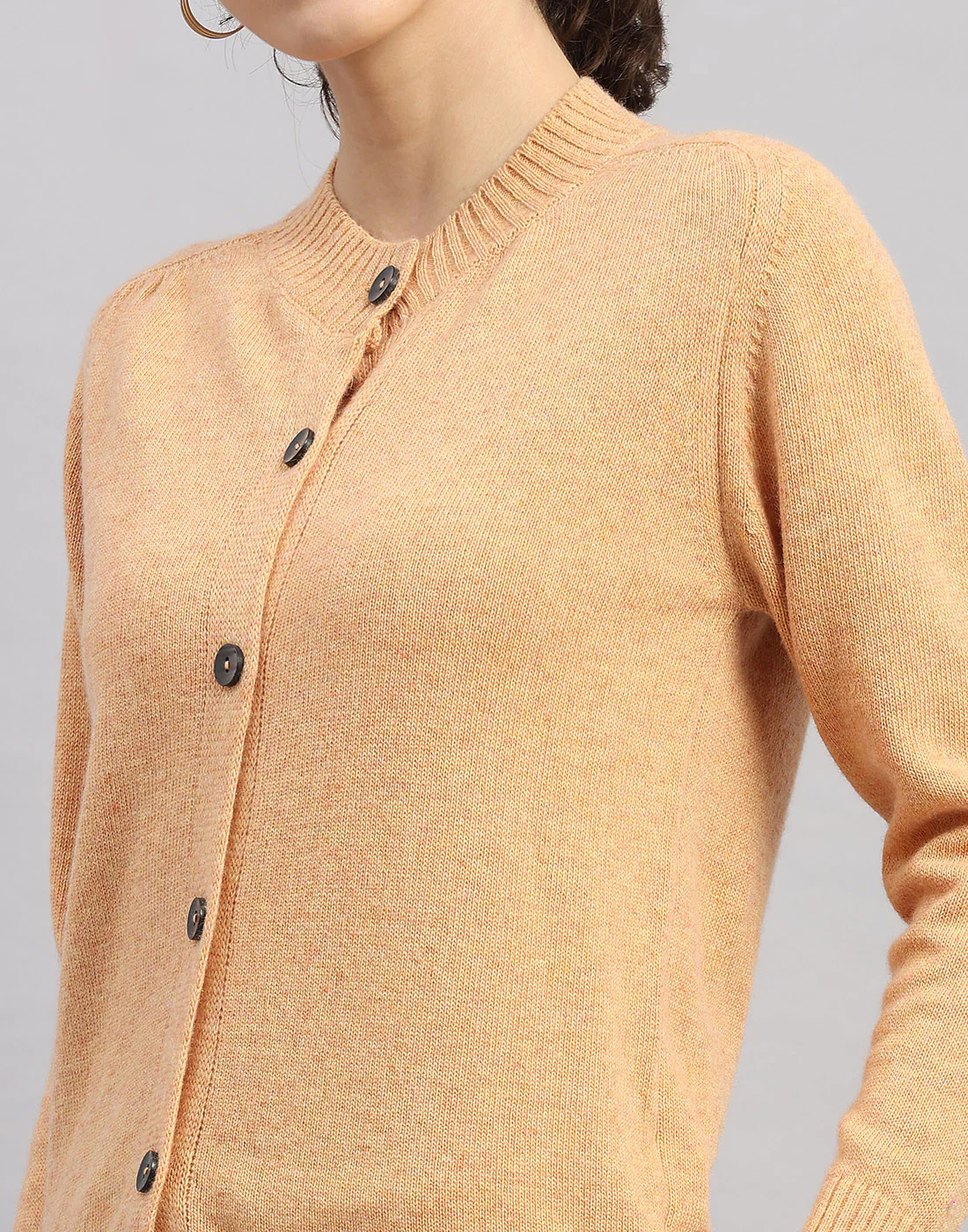 Women Orange Solid Round Neck Full Sleeve Cardigan - Image 7