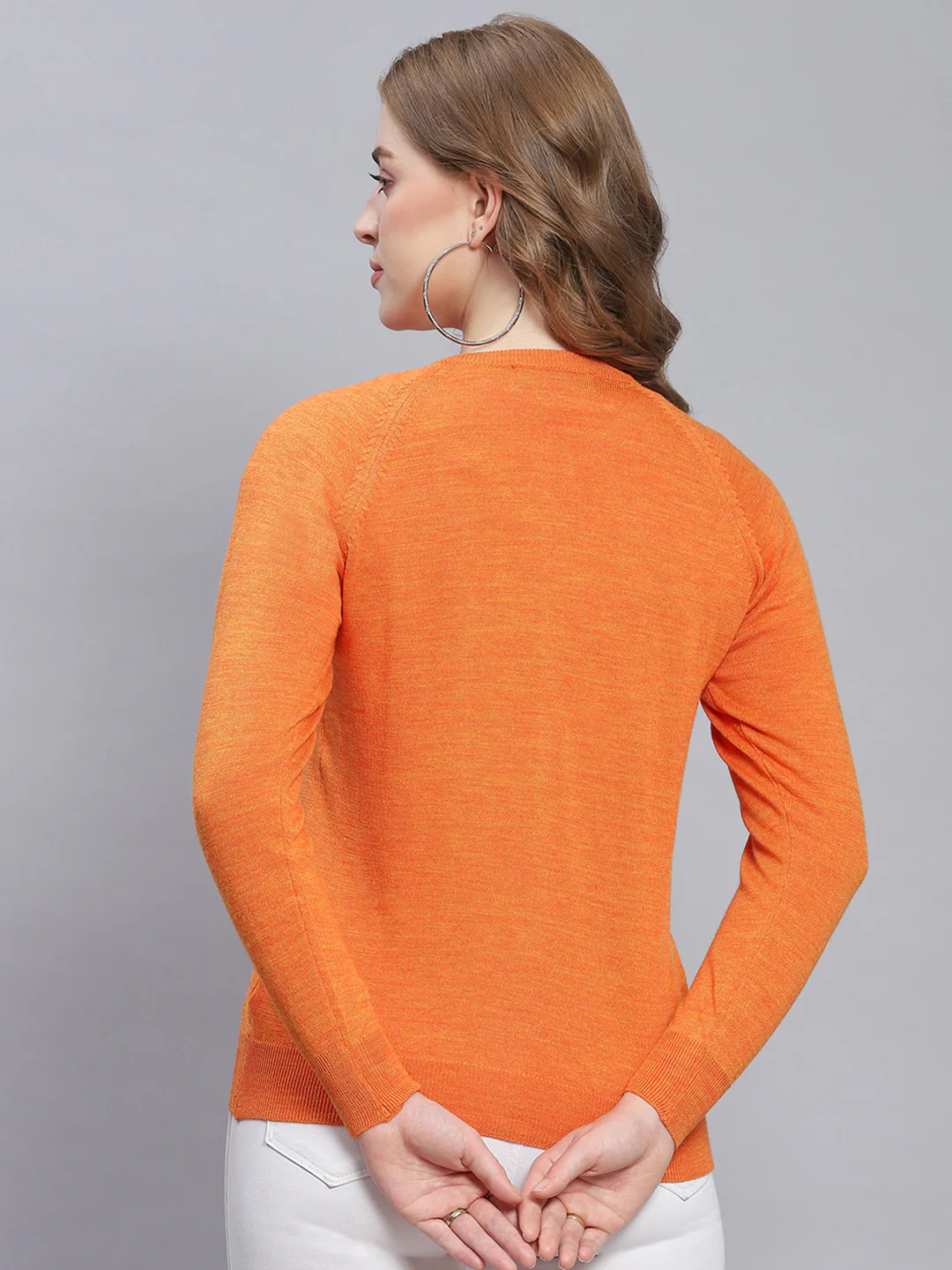 Women Orange Solid Round Neck Full Sleeve Cardigans - Image 5