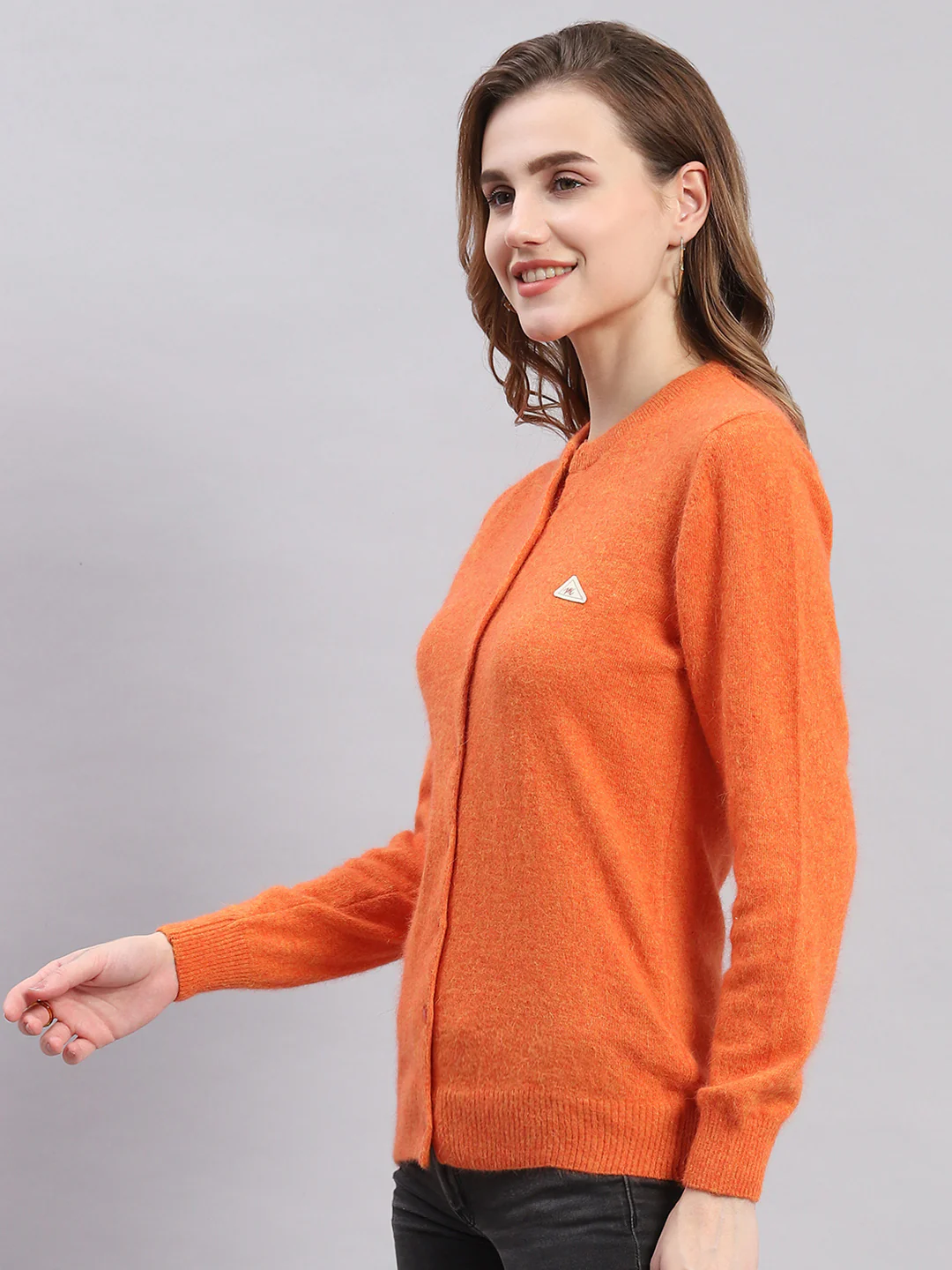Women Orange Solid Round Neck Full Sleeve Cardigans - Image 3