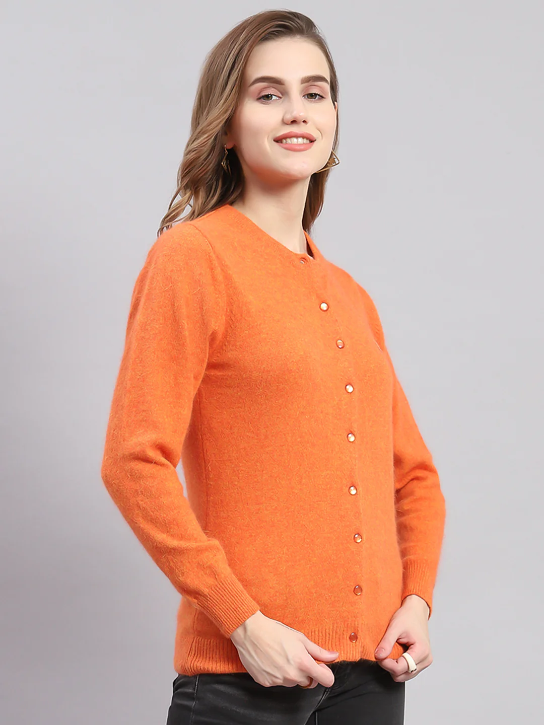 Women Orange Solid Round Neck Full Sleeve Cardigans - Image 4