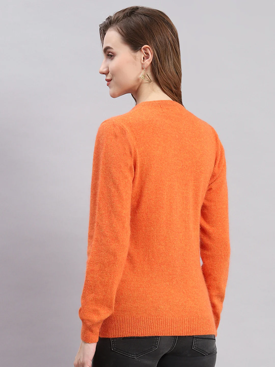 Women Orange Solid Round Neck Full Sleeve Cardigans - Image 5