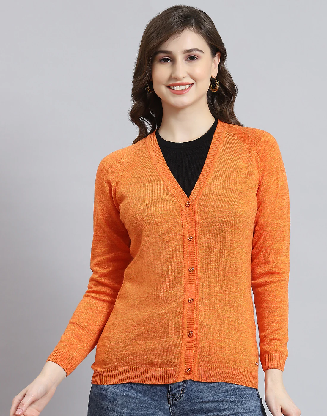Women Orange Solid V Neck Full Sleeve Cardigan - Image 2