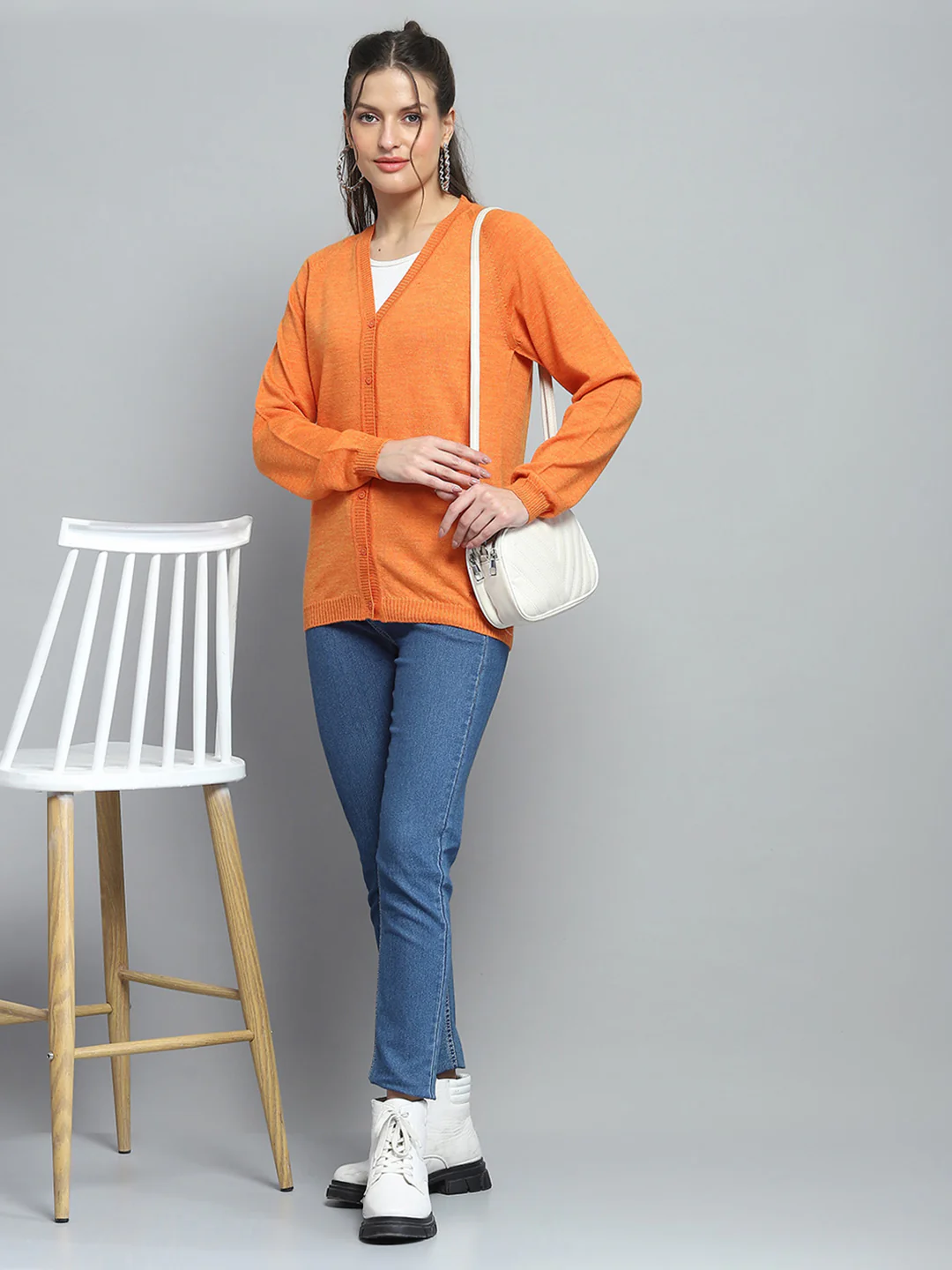 Women Orange Solid V Neck Full Sleeve Cardigan - Image 2