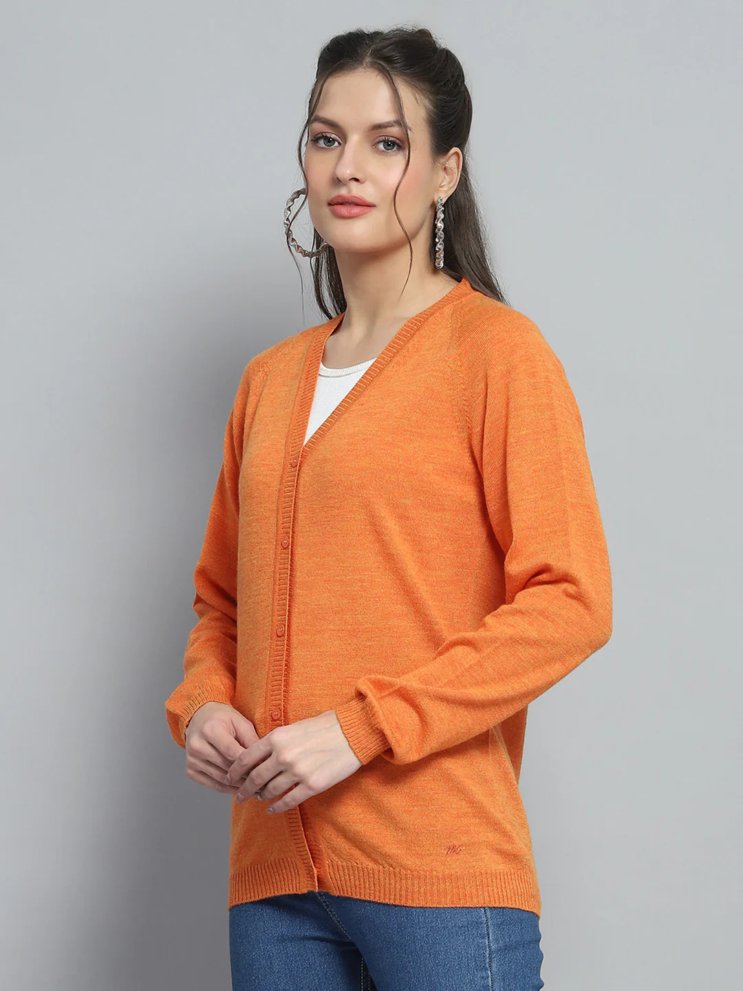 Women Orange Solid V Neck Full Sleeve Cardigan - Image 3