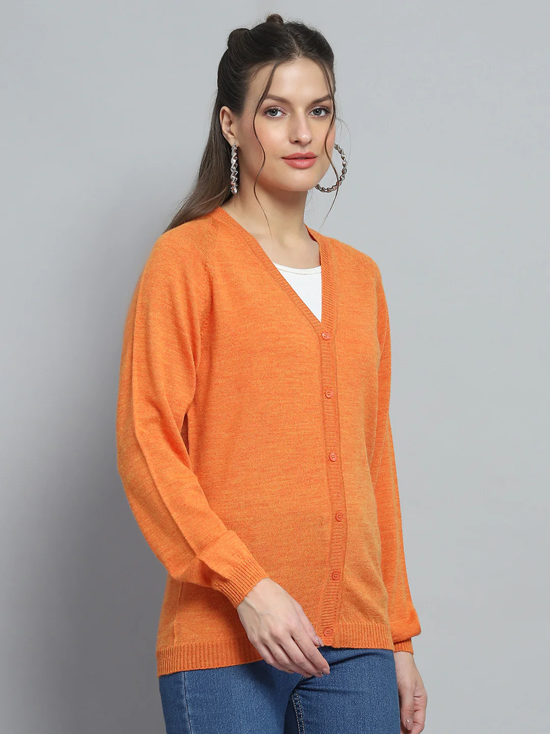 Women Orange Solid V Neck Full Sleeve Cardigan - Image 4