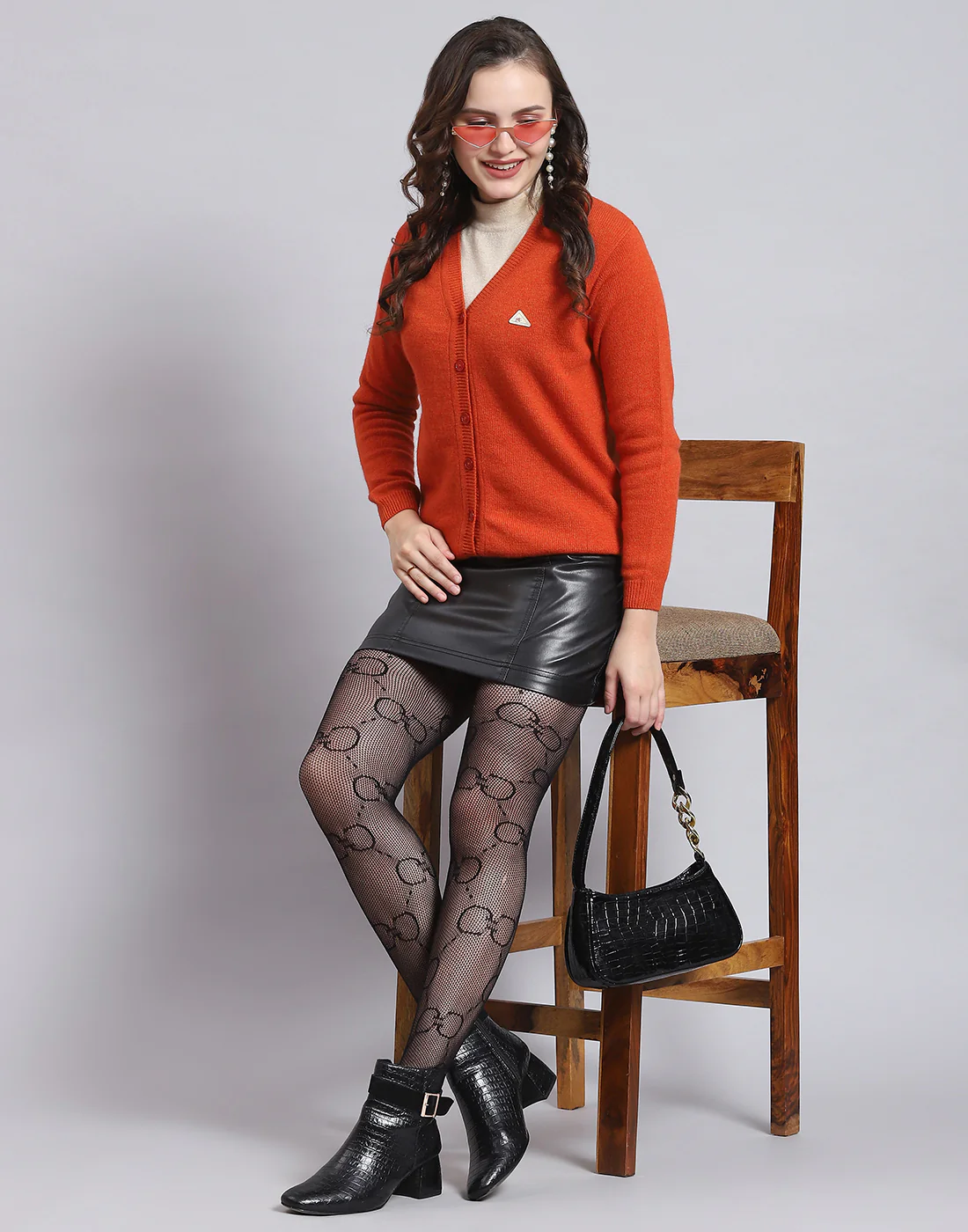 Women Orange Solid V Neck Full Sleeve Cardigan - Image 2
