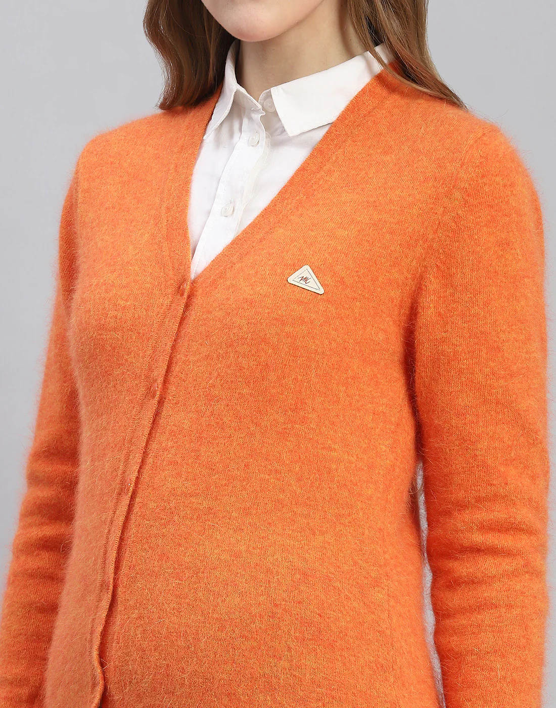 Women Orange Solid V Neck Full Sleeve Cardigan - Image 6