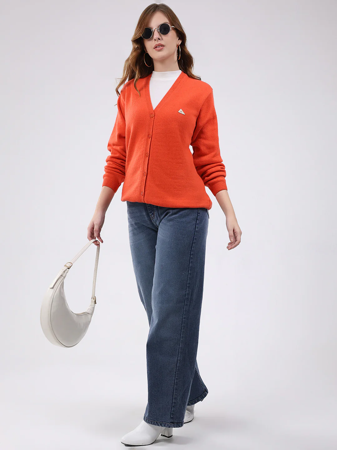 Women Orange Solid V Neck Full Sleeve Cardigan - Image 2