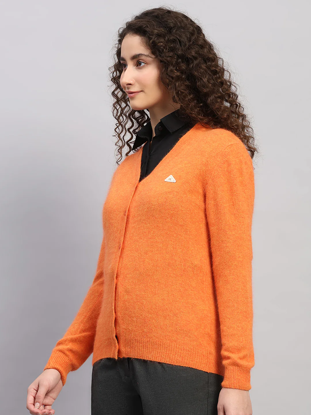 Women Orange Solid V Neck Full Sleeve Cardigan - Image 3