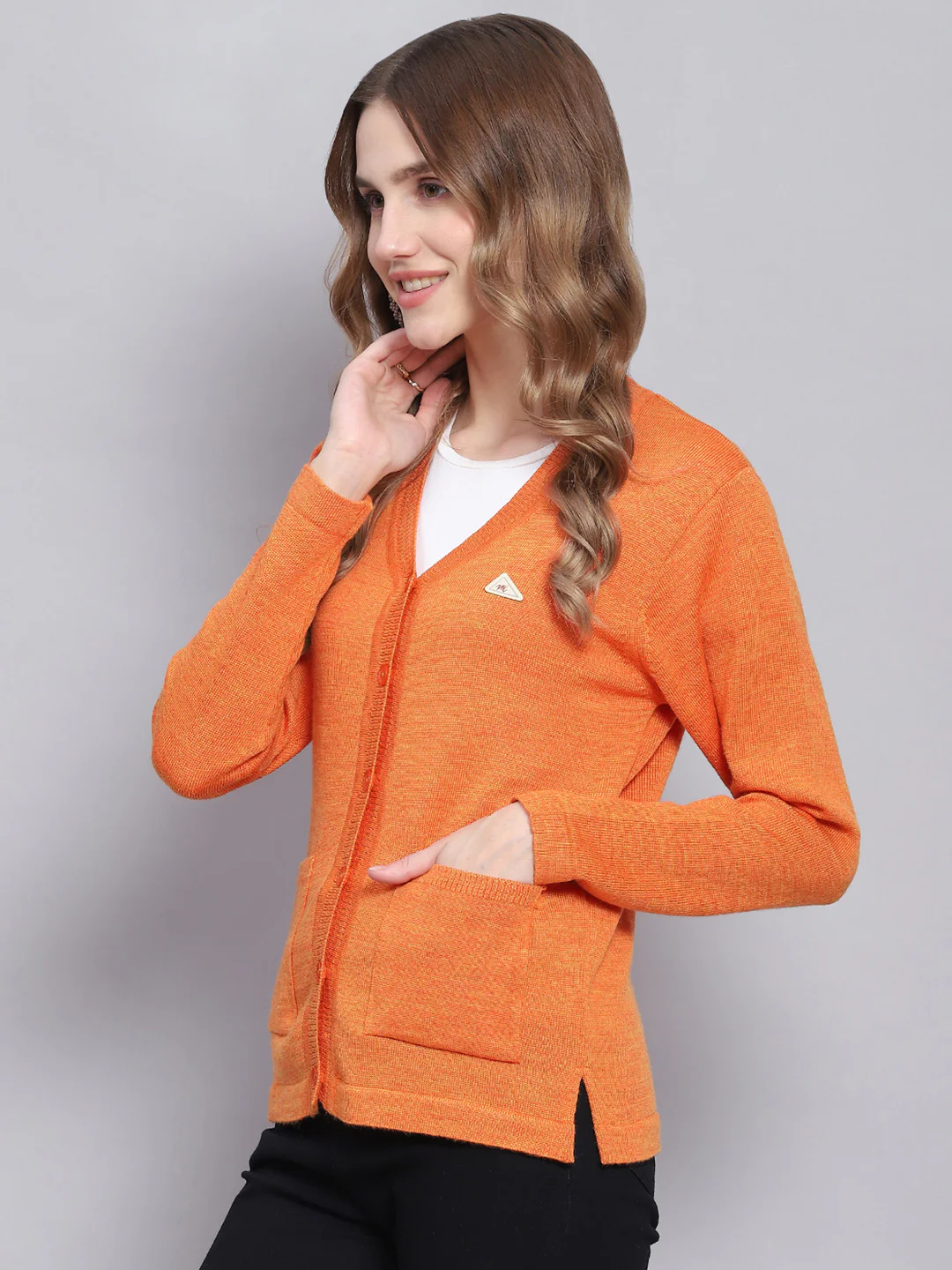 Women Orange Solid V Neck Full Sleeve Cardigans - Image 3