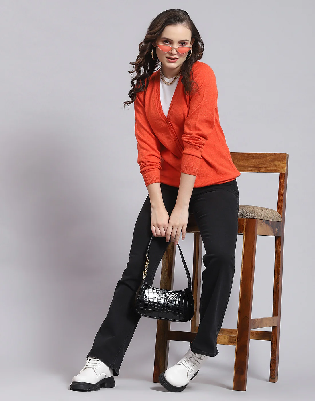 Women Orange Solid V Neck Full Sleeve Sweater - Image 2