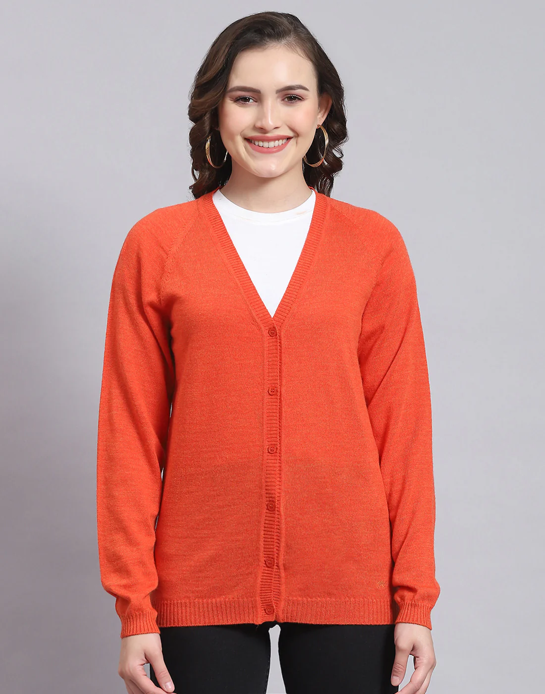 Women Orange Solid V Neck Full Sleeve Sweater - Image 3