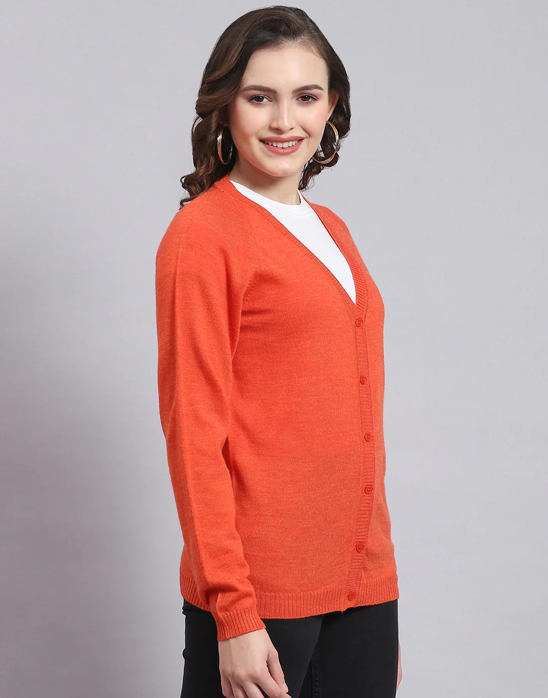 Women Orange Solid V Neck Full Sleeve Sweater - Image 4