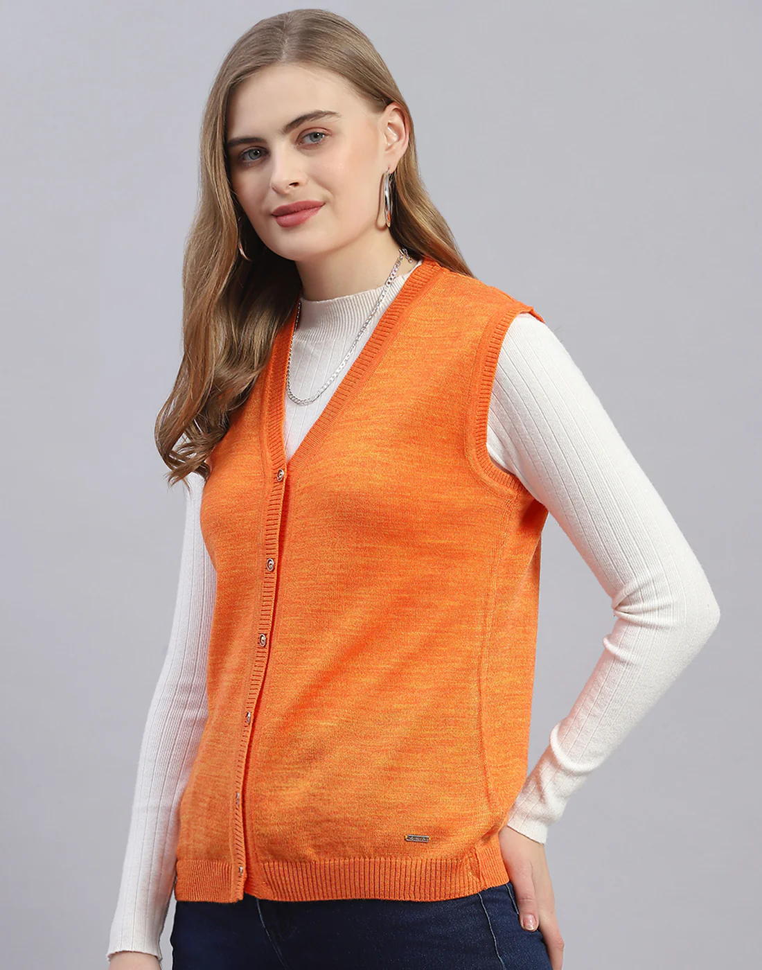 Women Orange Solid V Neck Sleeveless Cardigan - Image 3