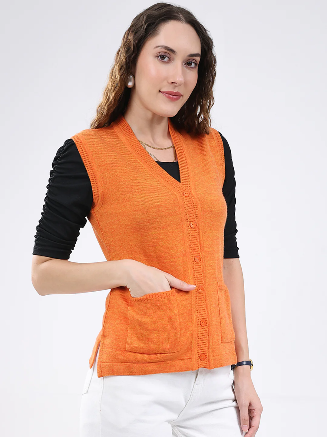 Women Orange Solid V Neck Sleeveless Cardigan - Image 4