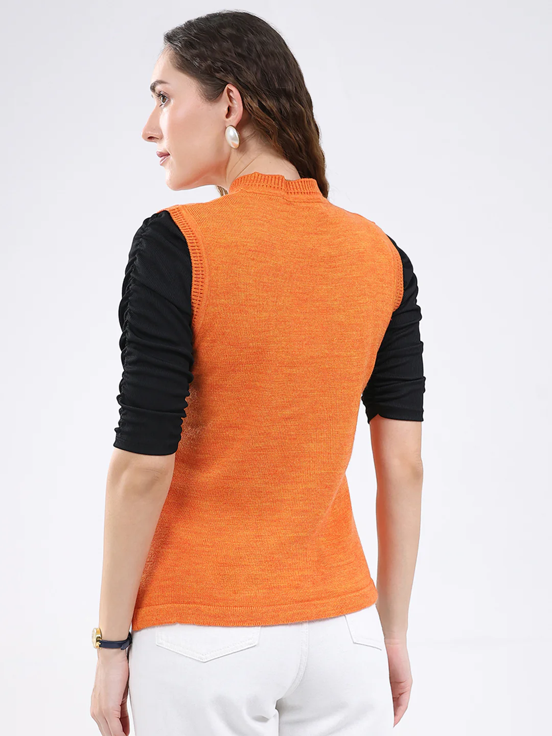 Women Orange Solid V Neck Sleeveless Cardigan - Image 5