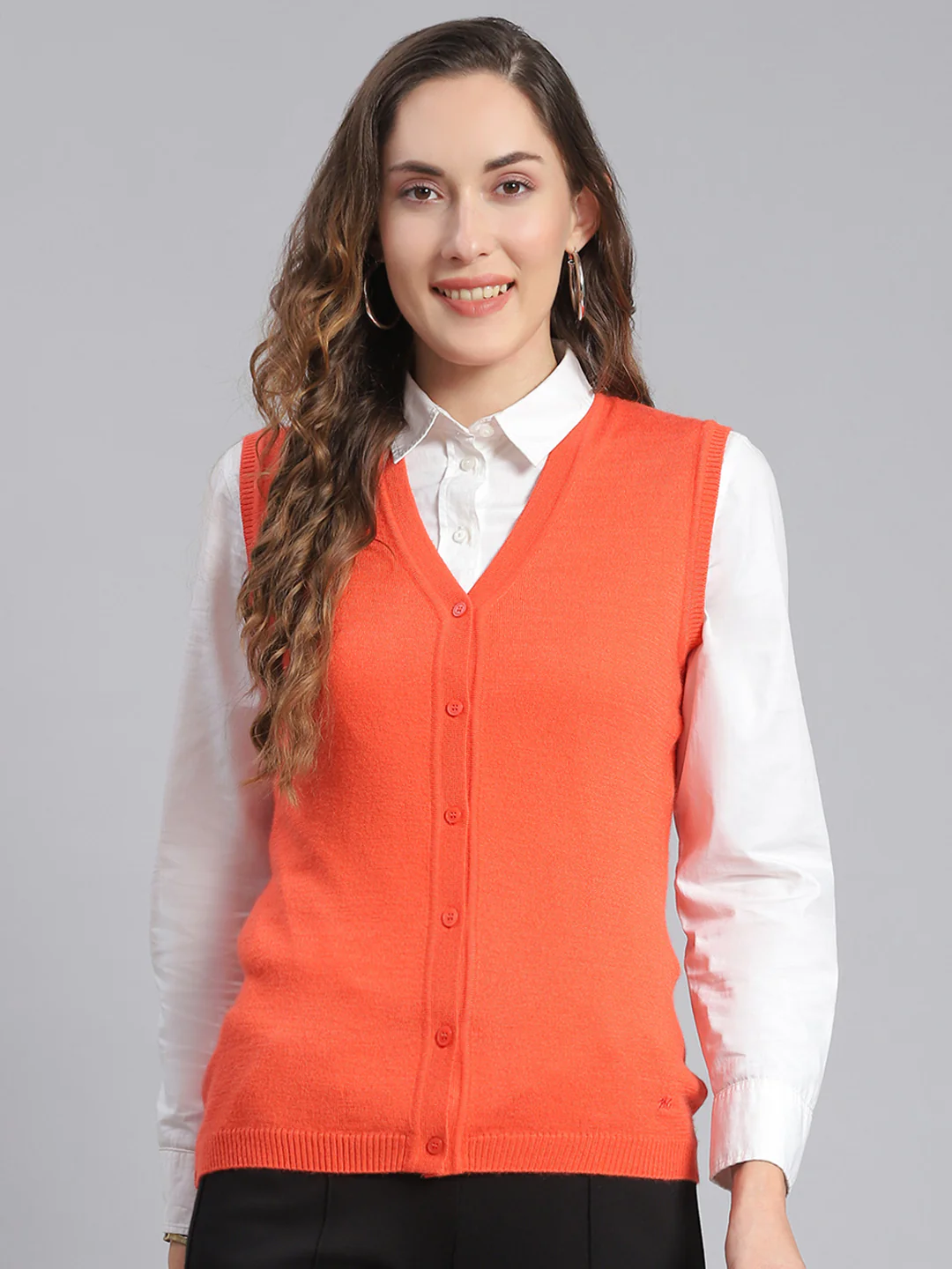 Women Orange Solid V Neck Sleeveless Cardigans - Image 2