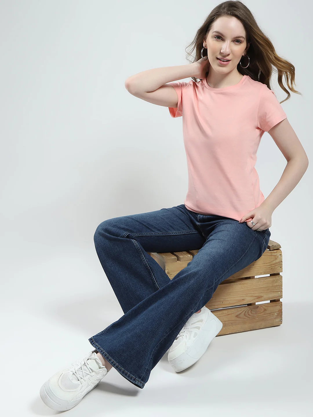 Women Peach & Blue Solid Round Neck Half Sleeve Top 2Pc Set - Image 2