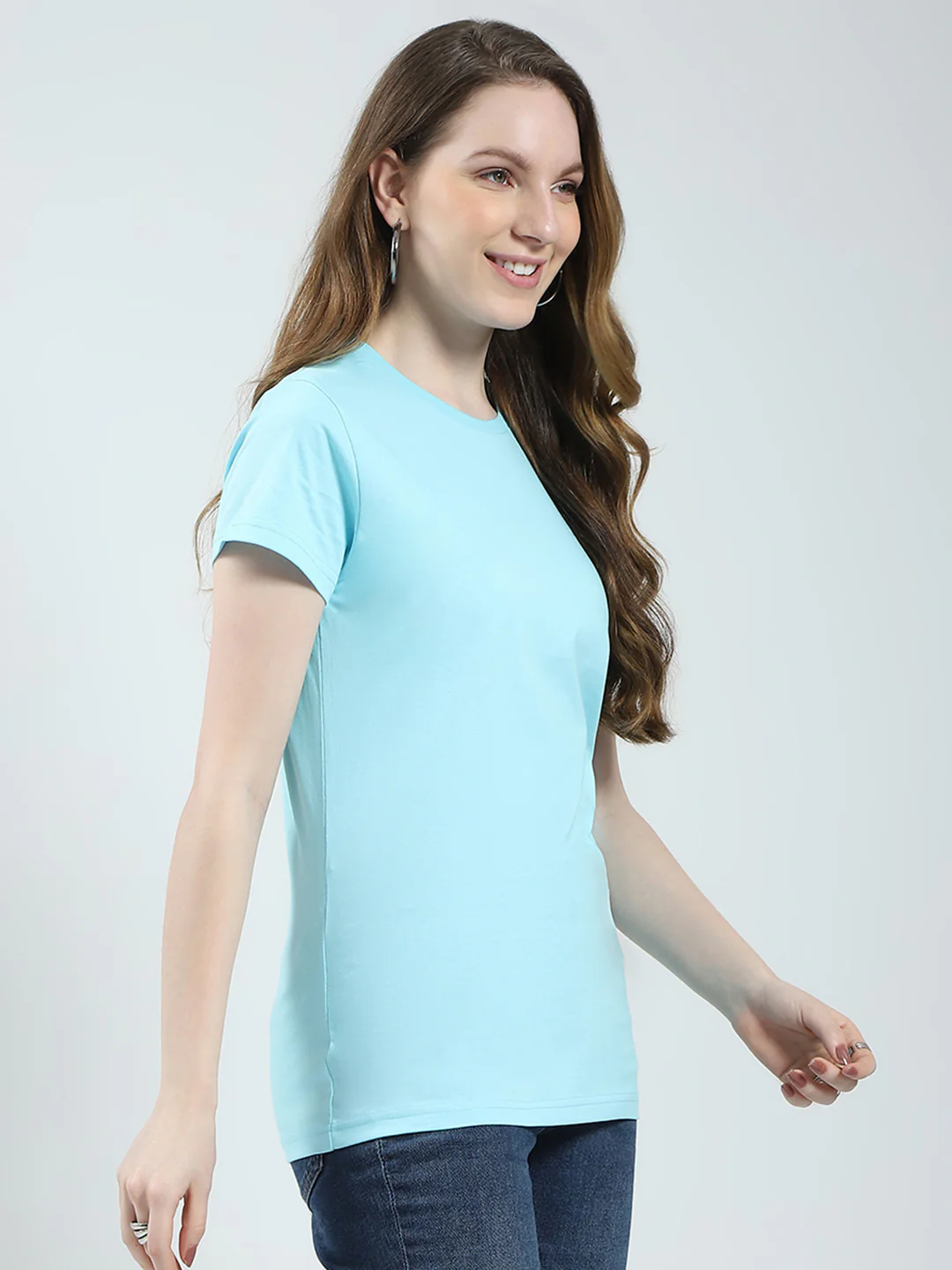 Women Peach & Blue Solid Round Neck Half Sleeve Top 2Pc Set - Image 9