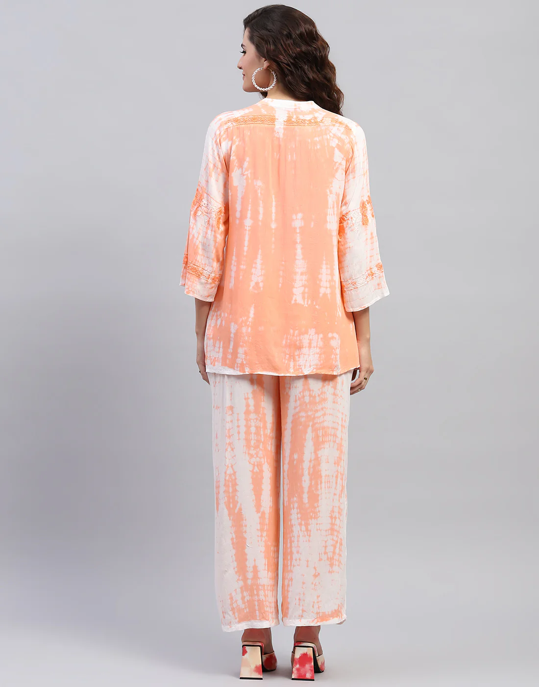 Women Peach Embroidered Mandarin collar 3/4 Sleeve Cords Set - Image 6