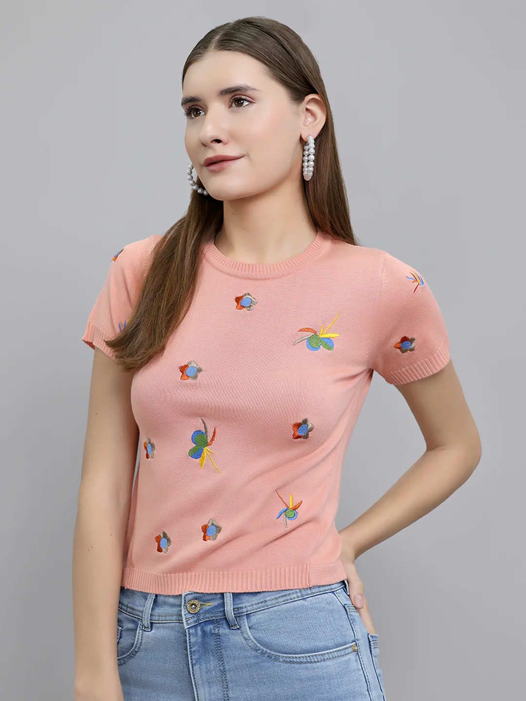 Women Peach Embroidered Round Neck Half Sleeve Top - Image 2